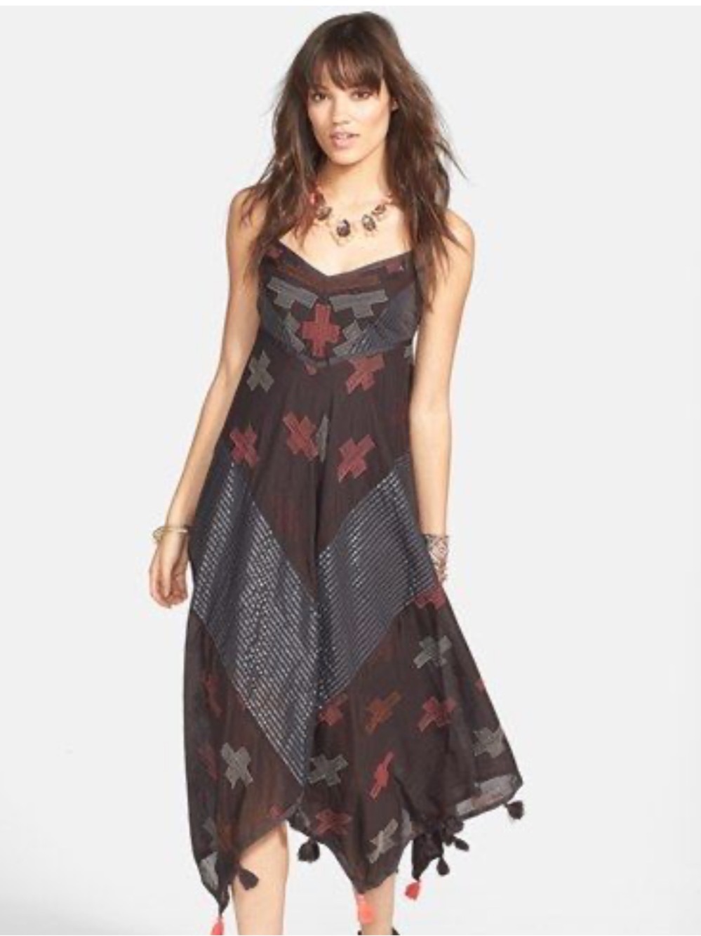 Free People Crossing Paths Tassel Embroidered Handkerchief Dress Black Medium